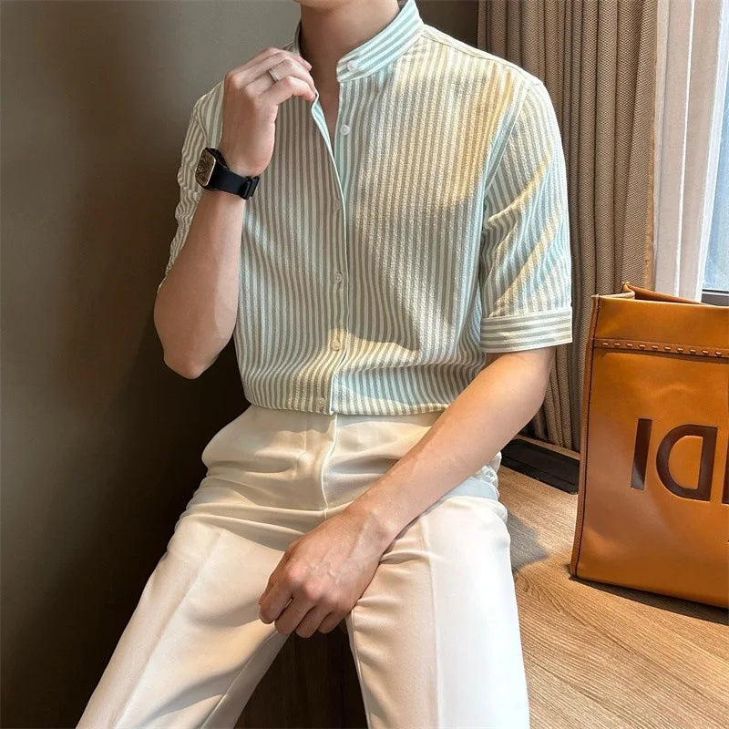 Threebooy  New Fashion Striped Stand Collar Men Shirts Luxury Casual Textured Half Sleeve Cardigan Tops Summer Business Slim-fit Blouse