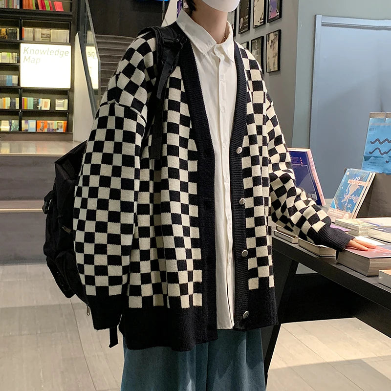 Threebooy Autumn Vintage Checkerboard Cardigan Long-sleeved Button Sweater Men's Preppy Casual Knitwear Jacket Unisex Streetwear