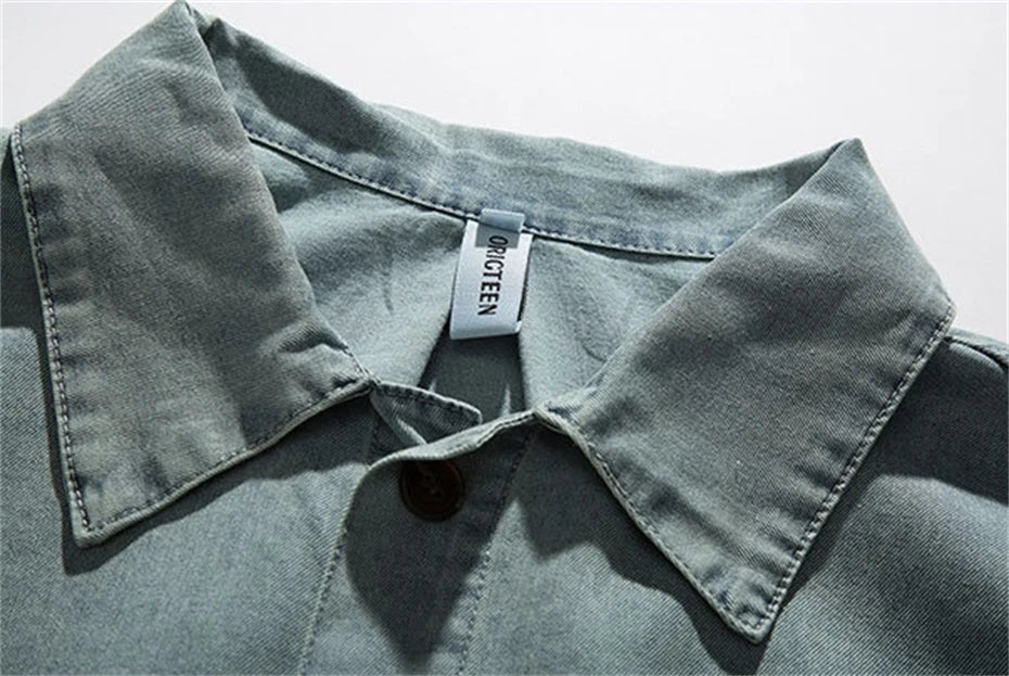Threebooy  Summer Denim Short Sleeve Shirts Men Streetwear Hip Hop Splicing Jeans Shirt Oversized Harajuku Washed Cargo Casual Blouse Male