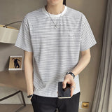 Threebooy Summer Men's Stripe Printing Short Sleeve T-shirt Youth Round Neck Tshirt White/black/Apricot Color Casual T Shirts M-2XL
