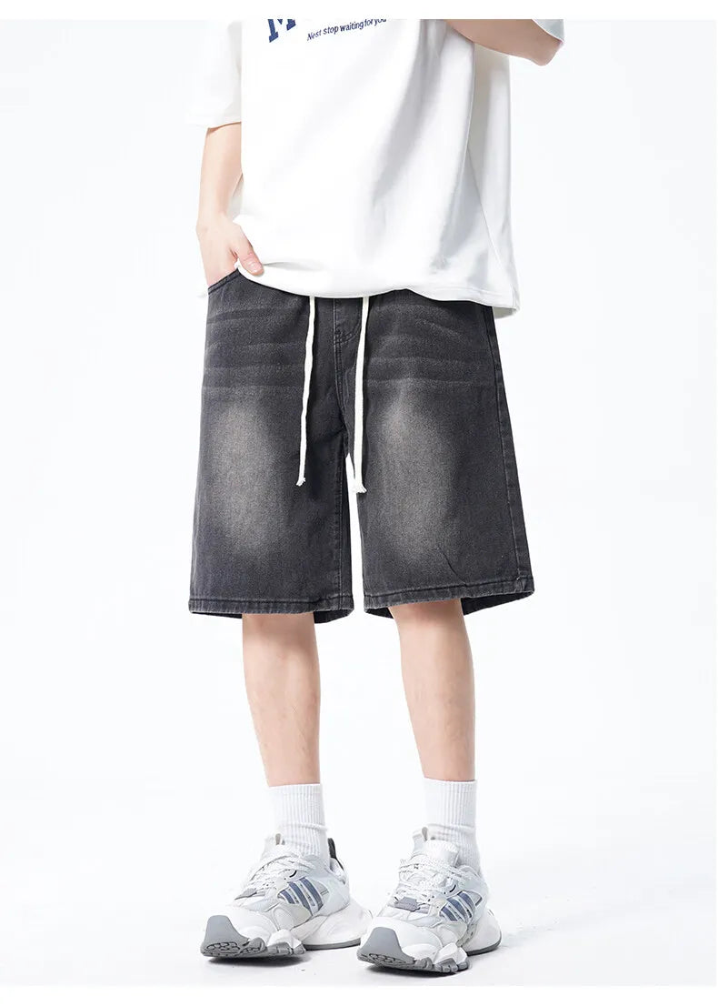 Threebooy Mens Denim Shorts Elastic Waist Drawstring Washed Classic Casual Summer Streetwear Vintage Stonewash Comfort Fit 2025 Fashion