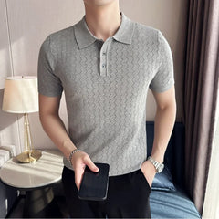 Threebooy Ice Silk Wave Striped Knitted Lapel Short Sleeve Men's T-shirt Slim Hole Polo Shirt Gray ,polo Golf Shirt