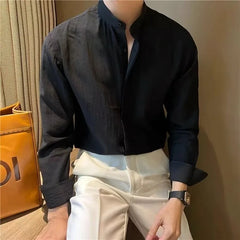Threebooy  Summer Ultra-thin Men's New Chinese Style Stand Collar Shirt Fashion Casual Slightly Slim Long-sleeved Trend