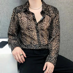 Threebooy Mens Sexy Leopard Print Mesh See-Through Ice Silk Shirt Autumn Genderless Fashion Youth Nightclub Breathable Hollow Top Unisex