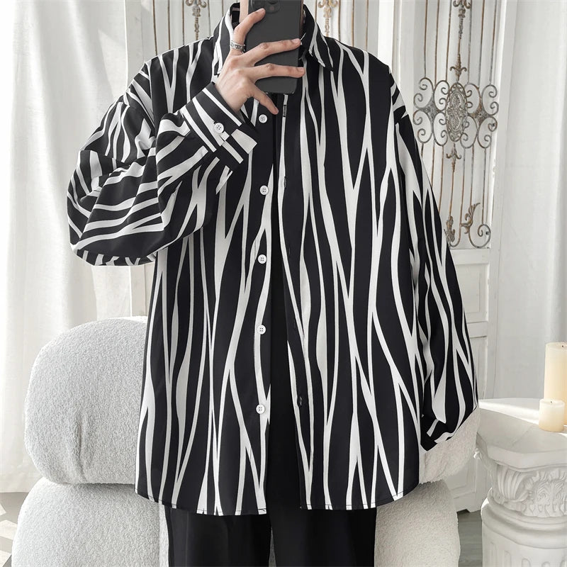 Threebooy Men's Long Sleeve Striped Shirts Spring New Korean Button Up Shirt Unisex Fashion Casual Oversize Blouse Printed Clothing