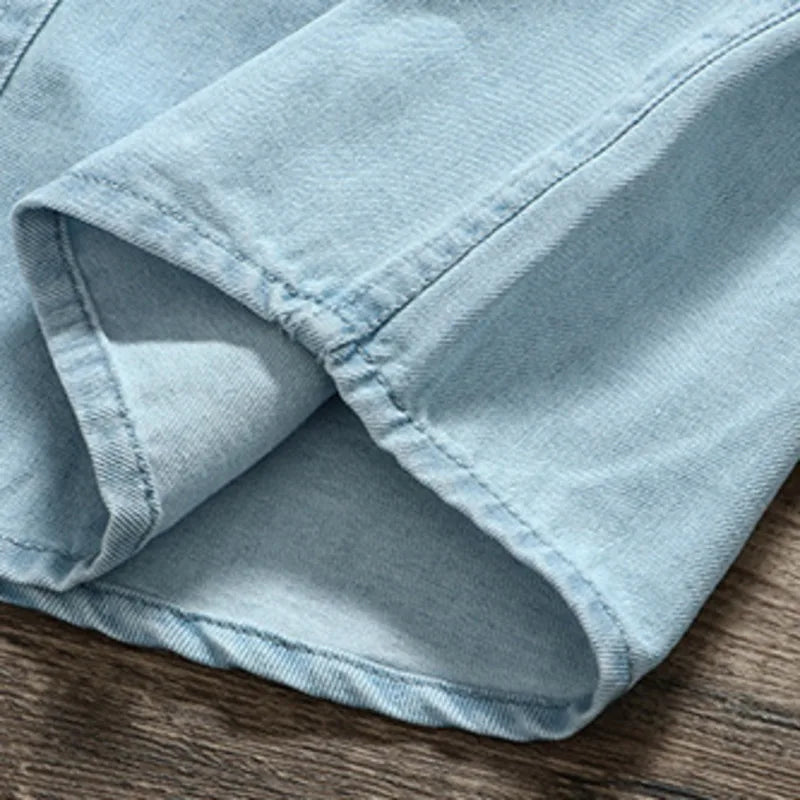 Threebooy  Spring And Autumn Men's Denim Long Sleeved Shirt With Double Pockets American Work Style Loose Fitting Washed Denim Shirt Jacket