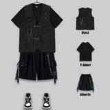 Threebooy Techwear Men's Shorts Set Tank Top Men Cargo Punk Rave Vest Male Shirt Streetwear Hip Hop Hippie Men Clothing Pockets