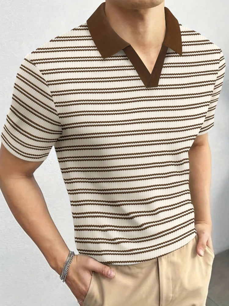Threebooy  Slim Polo Shirt Men's Summer New Short-sleeved Casual Striped Knitting Lapel Fashion Business T-shirt Male Tees