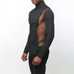 Threebooy Mens Sexy Tight-Fitting Sports Fitness Mesh Long-Sleeved Tops Autumn Nightclubs Perspective Stitching Stretch Turtleneck Tops