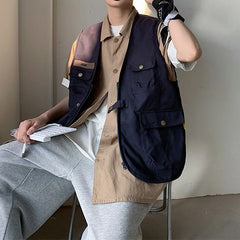 Threebooy Autumn Multi-pocket Outer Wear Tooling Vest Men's Japanese Retro Sleeveless Vest Trend Thin Loose Vest Clothes