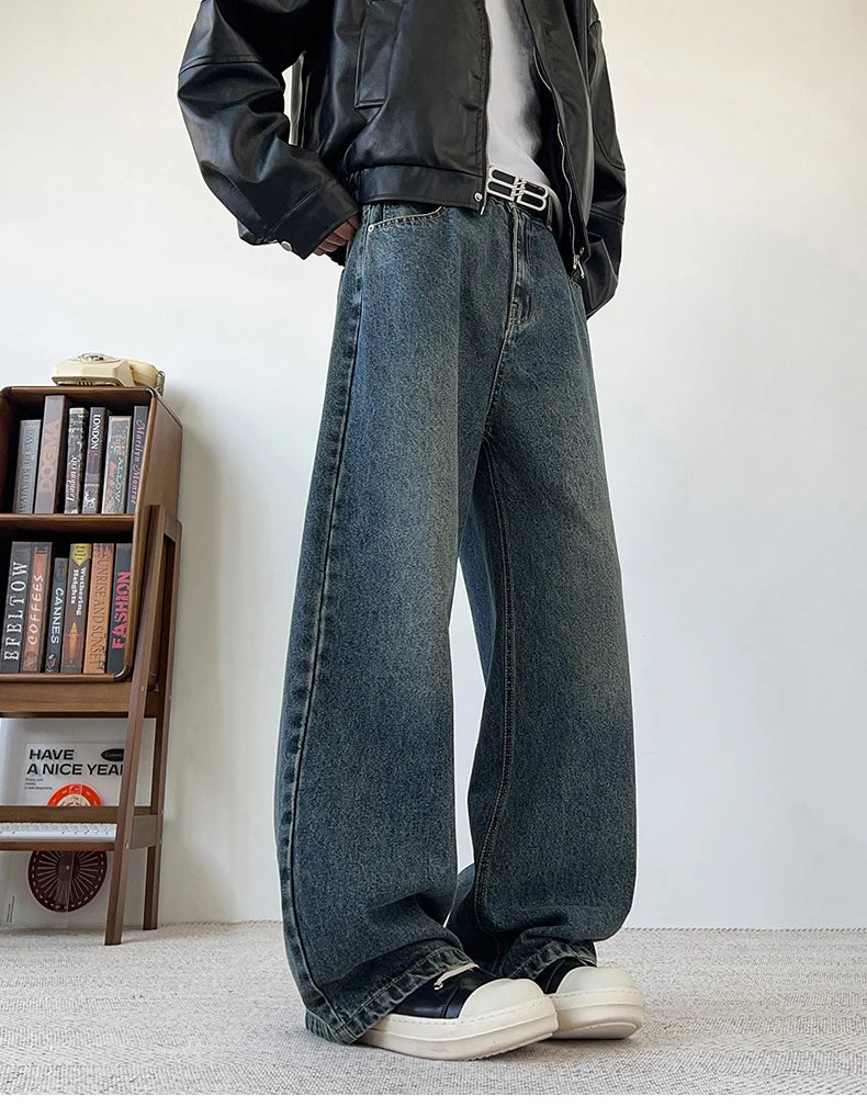 Threebooy Men's Wide Leg Curved-Knife Jeans Summer American Bamboo Pattern Striped Texture Design Men Trendy Denim Pants 2025 Baggy Jeans