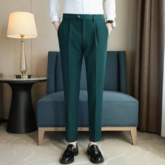 Threebooy British Style Men High Waist Dress Pants Autumn Solid Color Casual Trousers Slim Fit Formal Suit Pants Fashion Men Clothing 38