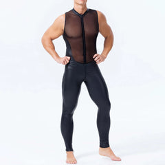 Threebooy Mens Undershirts Mesh PU Leather See Through Vest Bodysuits Leotard Stage Dance Nightclub Long Pants LGBT Sexy Lingerie Jumpsuit