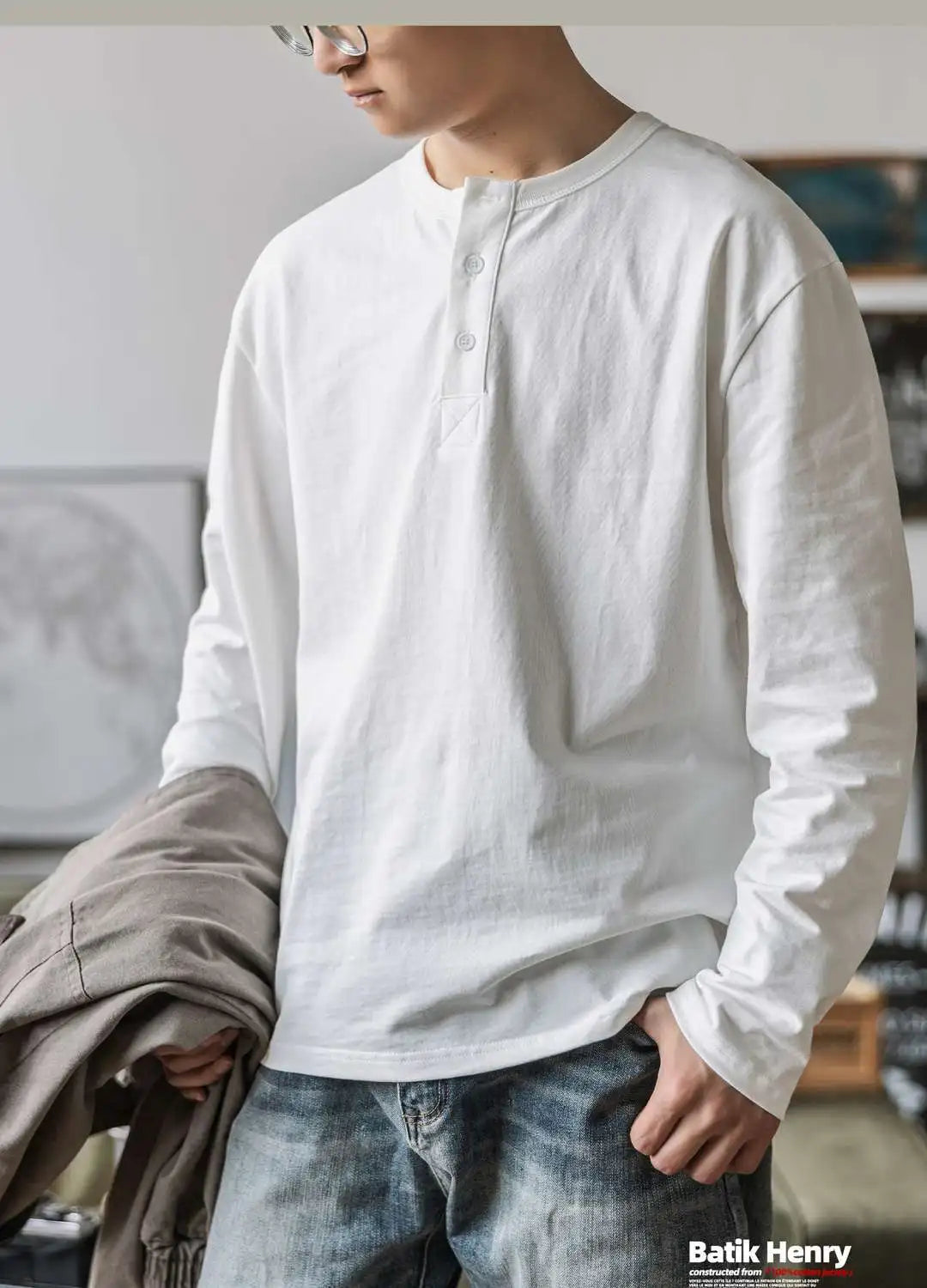 Threebooy American Retro Henry Shirt T-shirt Men's Autumn Large Size Vintage Half Button Blouse High-end Collar Long Sleeve Base Shirt