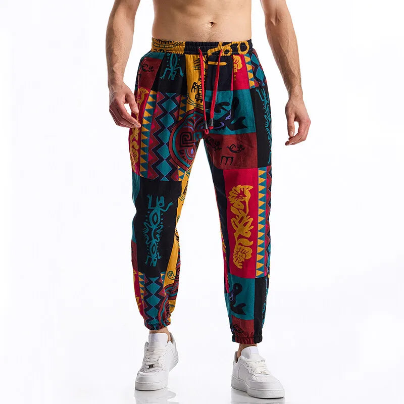 Threebooy  Men's Boho Tribal Print Linen Pants Cotton Summer Casual Drawstring Outdoor Sport Trousers Running Jogger Tracksuit Pants