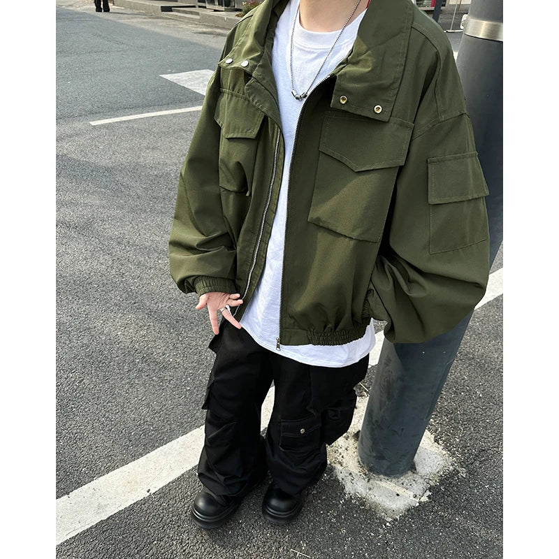 Threebooy Outdoor Work Jacket Men's Spring Autumn American Retro Zipper Coat Silhouette Bomber Handsome High Street Flying Work Jacket