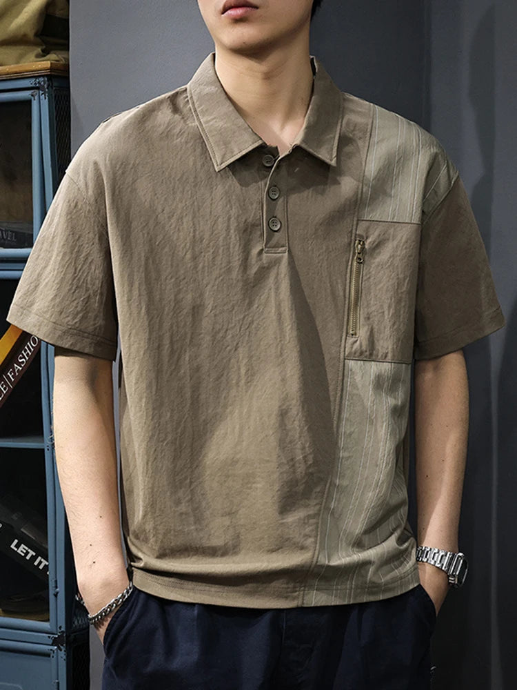 Threebooy  Summer Zip Pockets Short Sleeve Polo Shirts Men's Striped Patchwork Turn-down Collar T-shirts High Street Y2K Polos Tee Tops