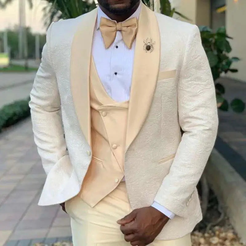 Threebooy  3 Pieces Men Suits Tailor-Made Fashion Flower Pattern Slim FIt Light Orange Blazer Vest Pants Wedding Business Groom