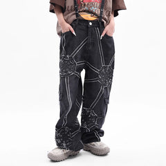 Threebooy Oversized Hip Hop Wide Leg Jeans Men Y2k Punk Graphic Straight-leg Loose Trousers Black Cool Rap High Street Baggy Denim Pants