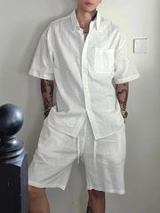 Threebooy  American Style Cotton Linen Casual Sports Set Men Loose Workwear Short Sleeve Shirt Linen Breathable Five-Quarter Shorts Two-...