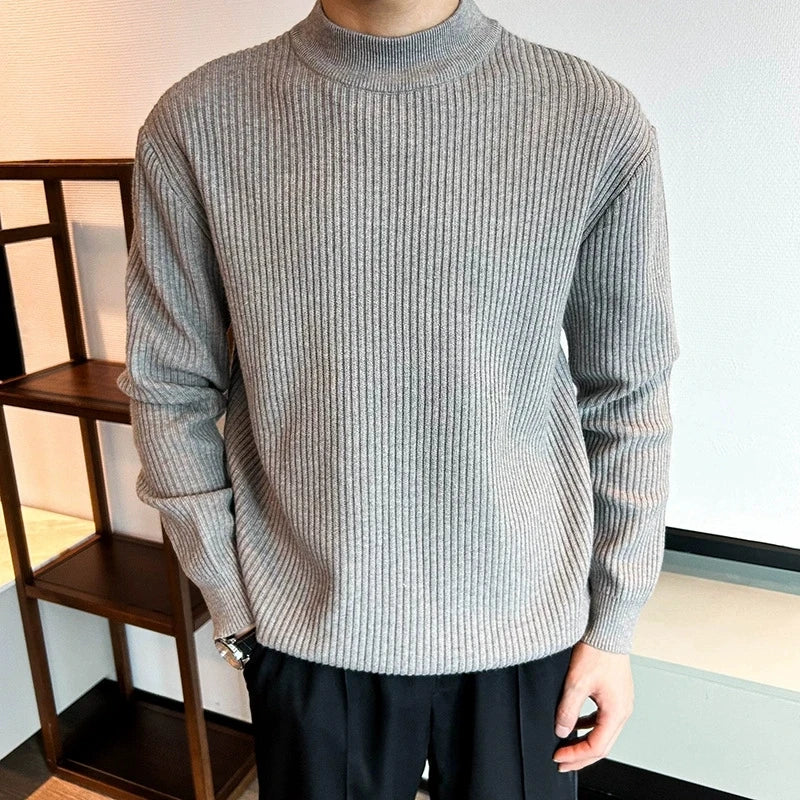 Threebooy  New Korean Retro Men Basic Sweaters Luxury Knit Solid Color Mock Neck Long Sleeve Pullover Casual Textured High Quality Knitwear