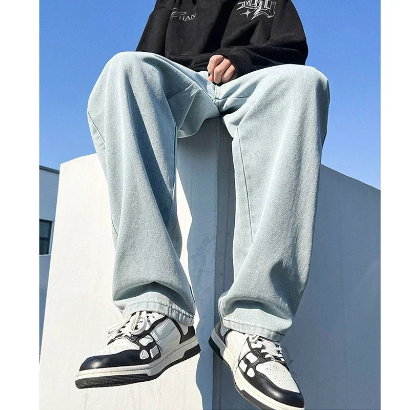 Threebooy  Men's Jeans Spring Autumn Extend Straight Vintage Blue Casual Baggy Jeans Korean Trousers Classic Wide Leg Fashion Denim Pants