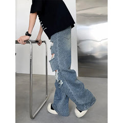 Threebooy Men's Ripped Hole Jacquard Jeans  Summer Thin Handsome Casual Pants Unisex High Street Straight Wide Leg Jeans Blue/Black