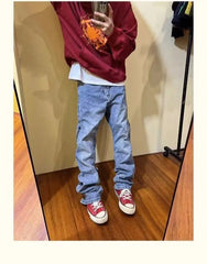 Threebooy  American Spring and Autumn Street Men and Women Trendy Zipper Design Straight Tube Washed Jeans Couple Retro Casual Pants y2k