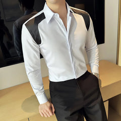Threebooy  British Style PU Patchwork Shirt for Men Large Lapel Long Sleeve Shirt Casual Business Dress Shirts Social Party Banquet Shirt
