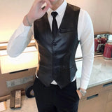 Threebooy Leather Vest Men New Fashion Casual High Quality Solid Color Single Breasted Slim Large Size Business Vest Waistcoat S-5XL
