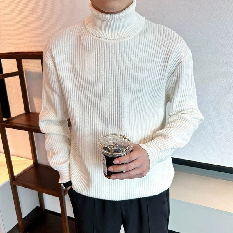 Threebooy  New Korean Retro Men Basic Sweater Luxury Knit Solid Color Turtleneck Long Sleeve Pullover Casual Textured High Quality Knitwear