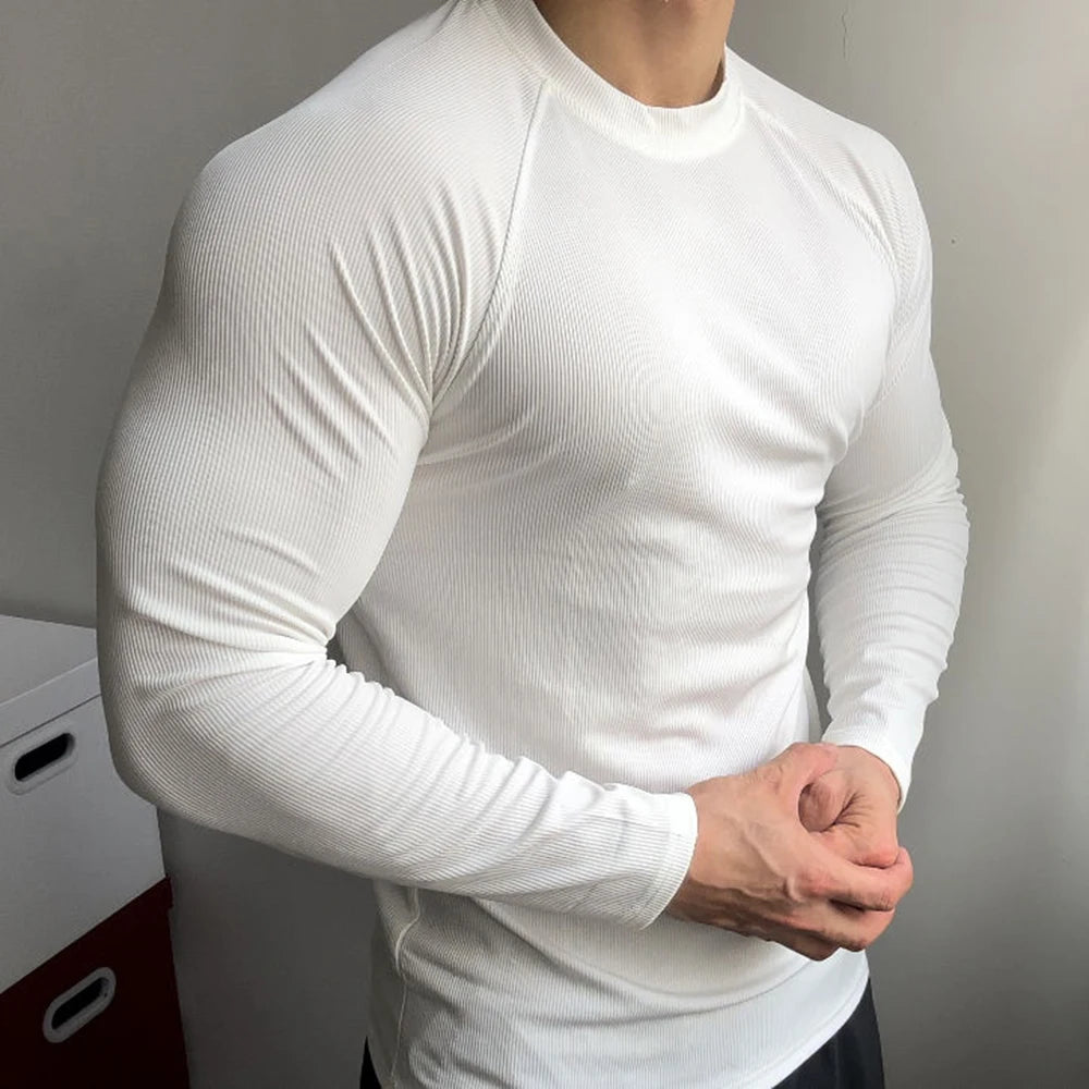 Threebooy Mens T-Shirt Stretch Gym Sports T-Shirt Fashion All-Match Solid Color Tight Fitness Comfort Long-Sleeved Top Men'S Clothing