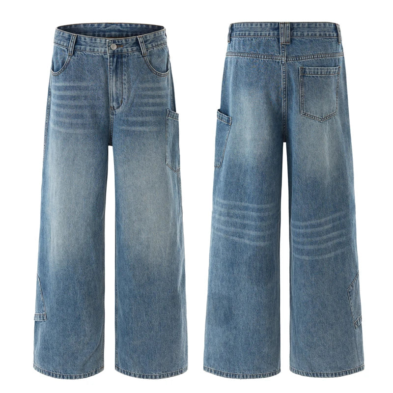 Threebooy Multi-pocket Loose Wide-leg Jeans Men's Cotton Vintage Washed Denim Pants Hip-hop Fashion Y2K Streetwear Autumn Casual Trousers