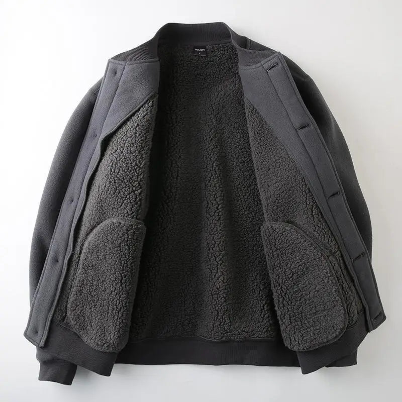 Threebooy Men's Jacket Autumn Winter Polar Fleece Stitching Double Layer Stand Collar Thickened Single-breasted Solid Color Jackets Tops