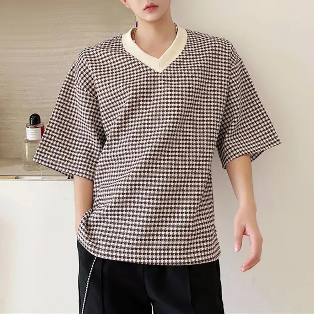 Threebooy Mens Houndstooth Casual T-Shirt Genderless 2024 New Fashion Temperament Versatile Commuting Simple Short Sleeve Top Unisex