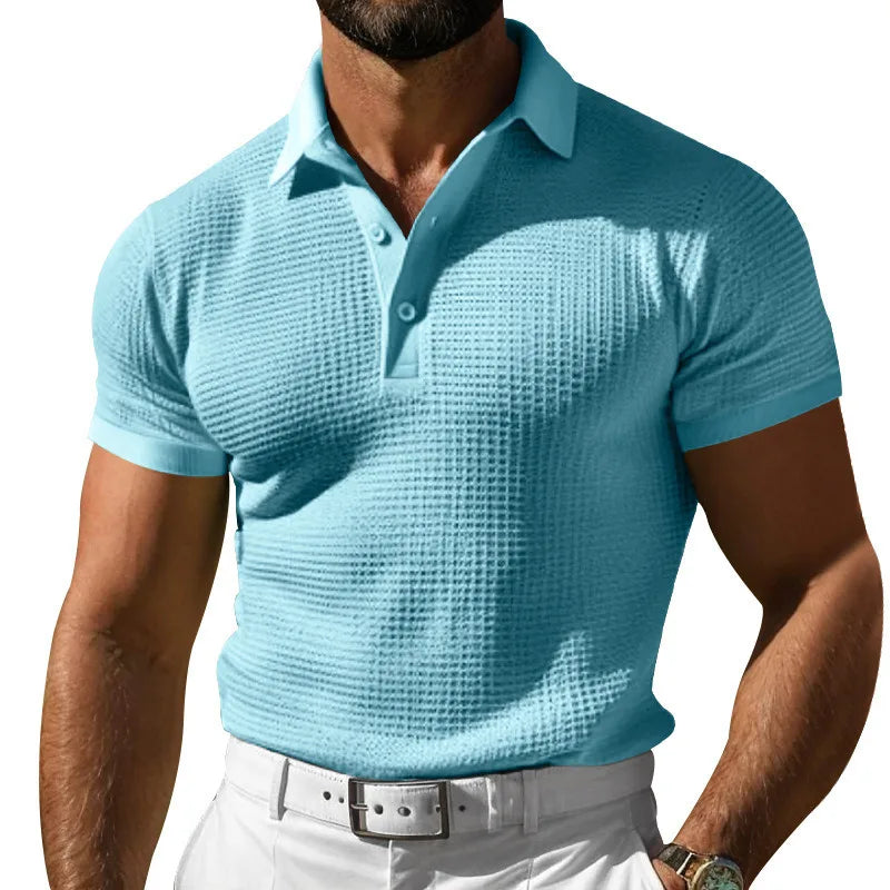 Threebooy  Men's Casual Short Sleeve Polo Shirts Solid Waffler Comfortable Outdoor Polos Male Streetwear Turn Down Collar Pull On Tees Tops