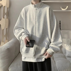 Threebooy Spring Autumn Men's Stand Collar Cardigan Hoodies Solid Color Loose Hoodie Outerwear Men Fashion Double Zipper Casual Jacket 5XL