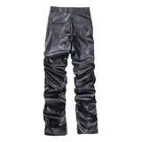 Threebooy Hip Hop Mens Pleated Pu Leather Pants Harajuku Retro Streetwear Loose Ruched Casual Trousers Straight Solid Color Black Pants