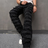 Threebooy Men High Street Stylish Ripped Patch Jeans Pants Male Loose Straight  Solid Casual Denim Trousers