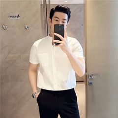 Threebooy  100% Cotton Stand Up Collar Striped Shirt Business Slim Fit Casual Pocket Decoration Pure Cotton Short Sleeved Shirt Size 3XL-M