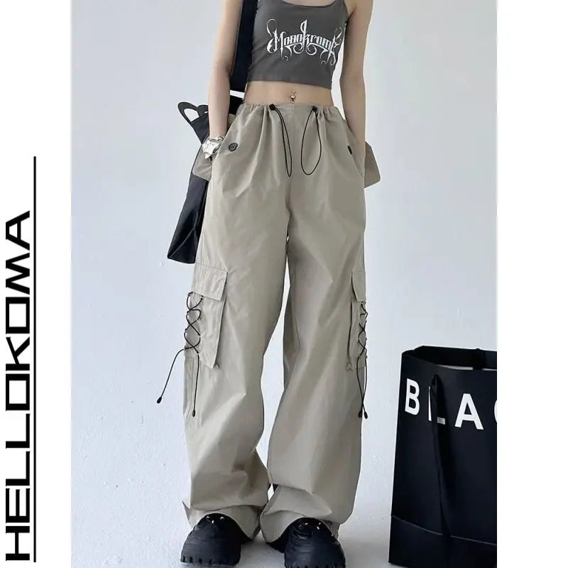 Threebooy  Workwear Pants Men's Japanese Retro Loose Wide-leg Straight Pants Design Sense Casual Drawstring Trousers Big Pockets