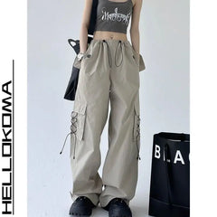 Threebooy  Workwear Pants Men's Japanese Retro Loose Wide-leg Straight Pants Design Sense Casual Drawstring Trousers Big Pockets