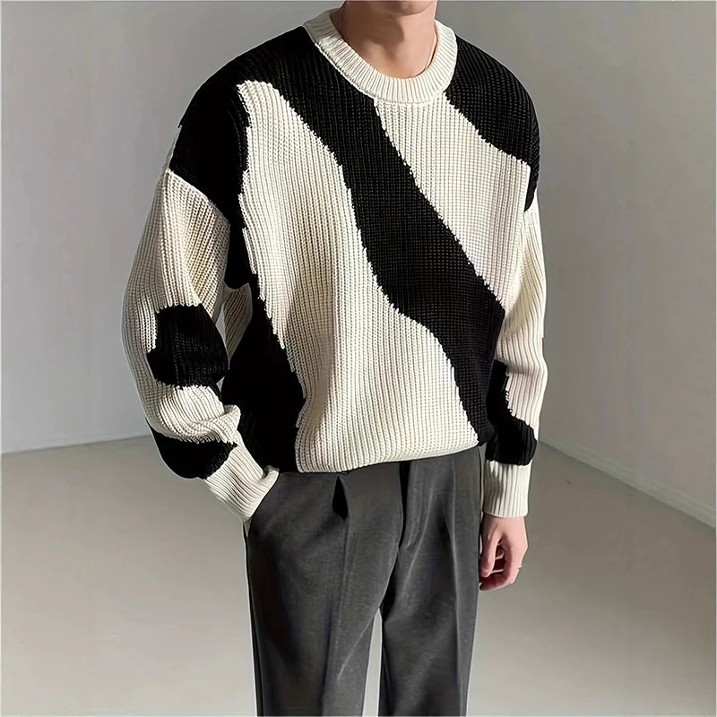 Threebooy  New Japanese Trendy Men Sweater High Street Patchwork Knitted O Neck Long Sleeve Pullover Casual Loose Premium Quality Knitwear