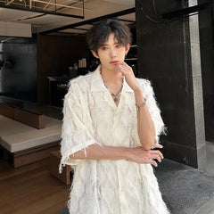 Threebooy Men Loose Short Sleeve Shirt Small Suit Collar Diamond Frayed Edges Unique Design Casual Trendy Mens Fashion Boho Chic Style