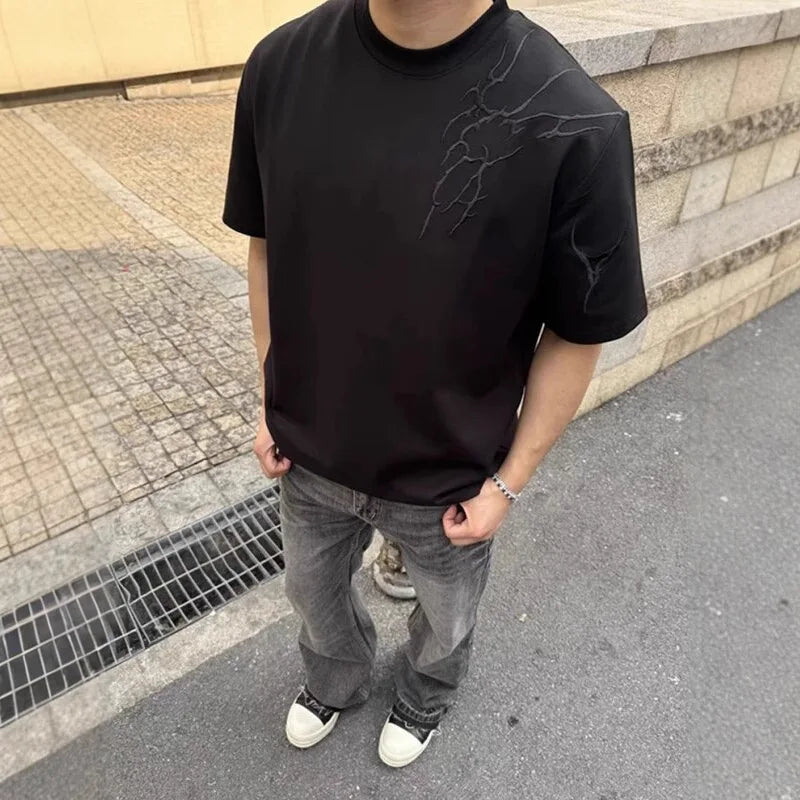 Threebooy Men's Summer Thorn Embroidery Round Neck Short Sleeve American High Street Half Sleeve Regular Shoulder T-Shirt