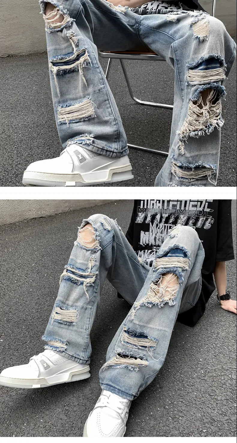 Threebooy European and American High Street Spring and Autumn Vintage Destruction Washed Straight leg Jeans Couple Hip Hop Casual Pants