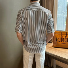 Threebooy  New Fashion Striped Stand Collar Men Shirts Luxury Casual Textured Half Sleeve Cardigan Tops Summer Business Slim-fit Blouse