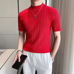 Threebooy  Korean style Tees Men Summer Casual Knit T-shirts/Male slim fit stripe High neck knitting T-shirt 4XL