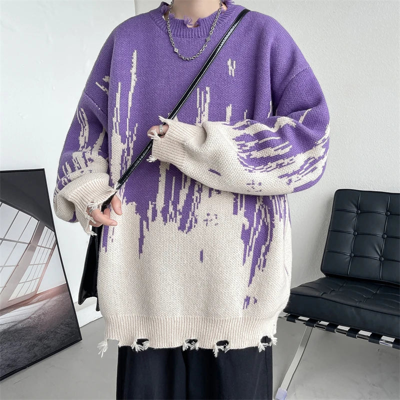 Threebooy Hip Hop Ripped Punk Knitted Sweaters Men Oversized Harajuku Streetwear Sweaters Winter Couples Fashion Knit Pullovers Tops