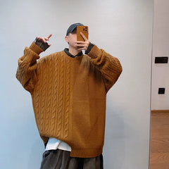 Threebooy Knitted Sweater Men Japanese Y2K Oversize Casual Autumn Winter Irregular O-neck Pullovers for Man Old Money Streetwear